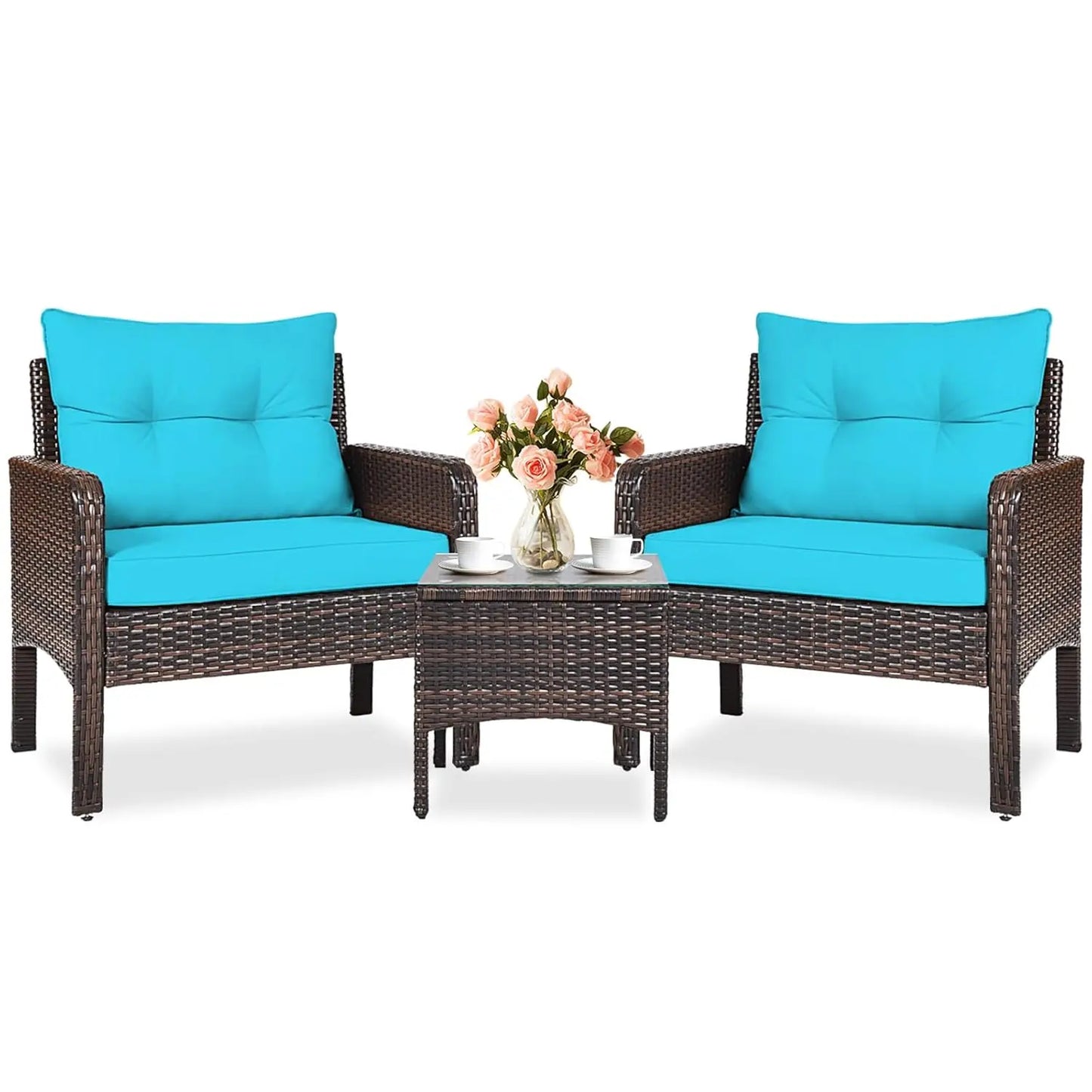 Outdoor Wicker Patio Set Three Piece Conversation Bistro With Cushions