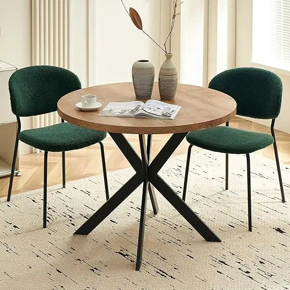 Modern Round Dining Table MDF Top Woodgrain Finish Metal Base