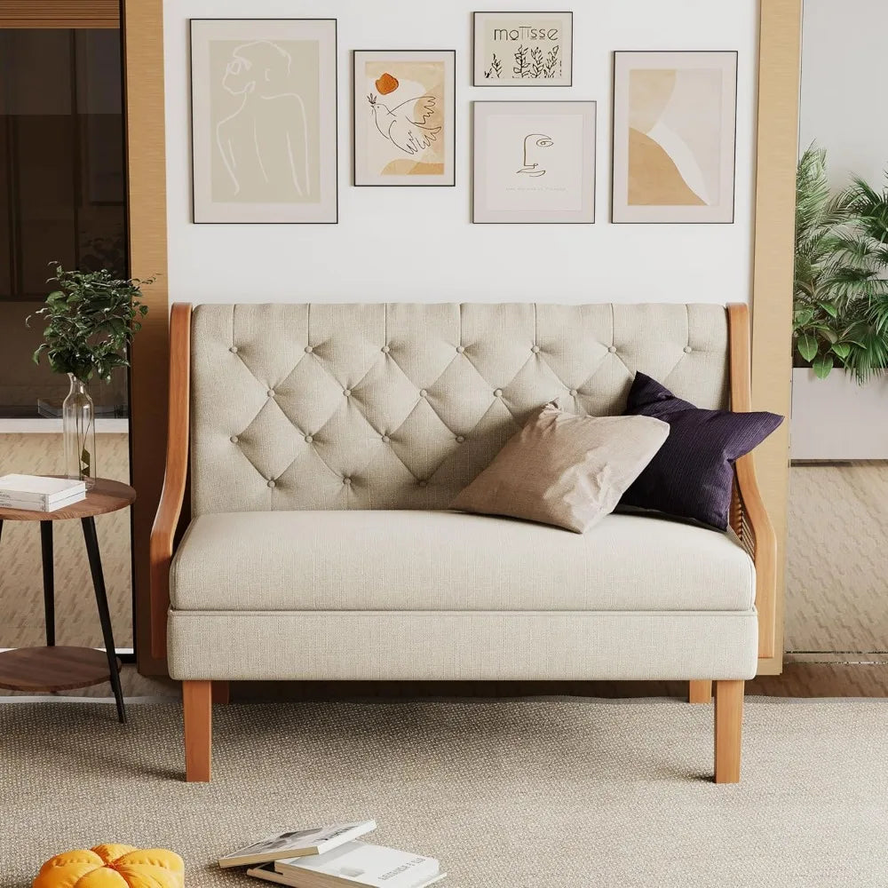 Loveseat Settee Bench With Natural Rattan Arms Upholstered Modern Sofa