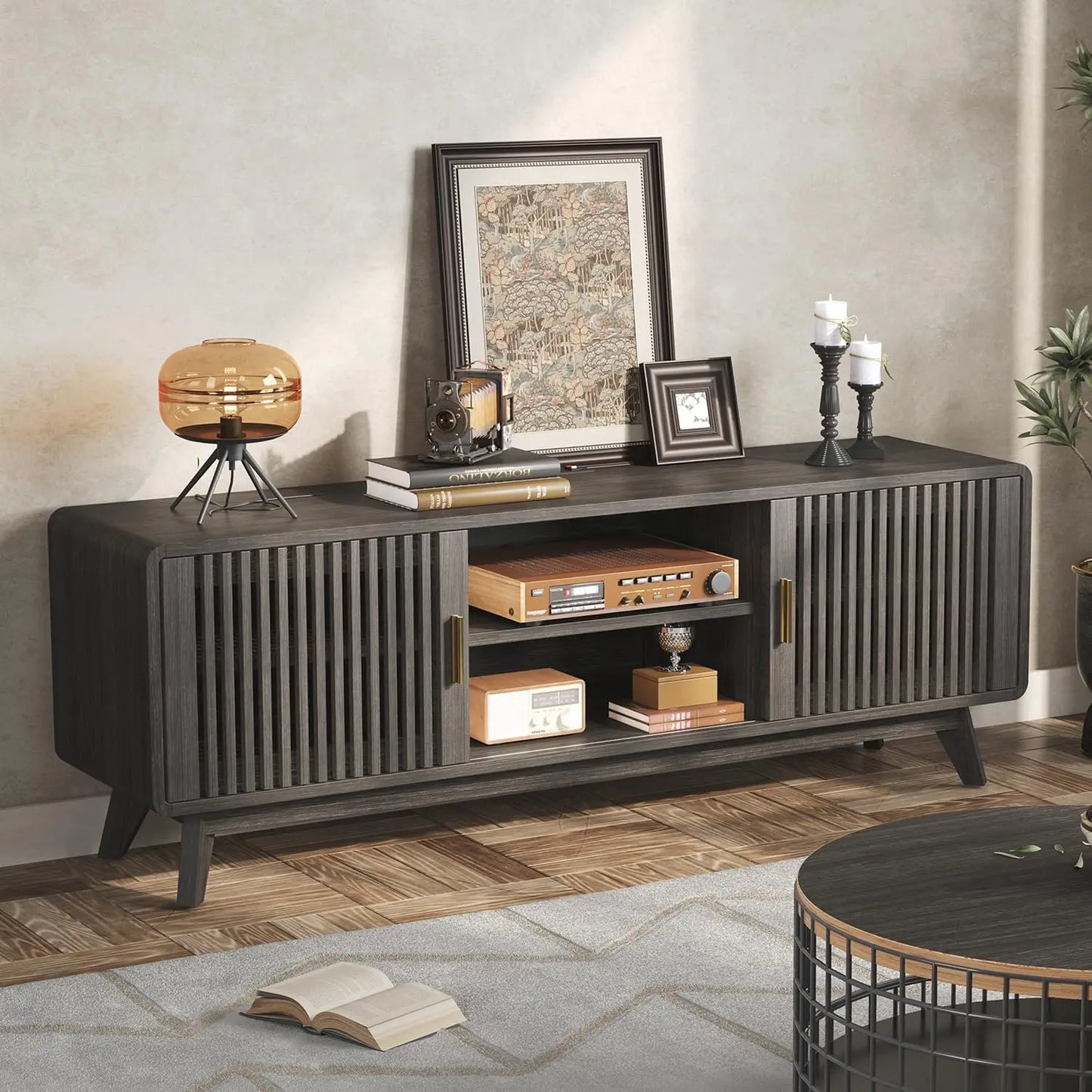 IRONCK TV Stand With Grille Design And Charging Station