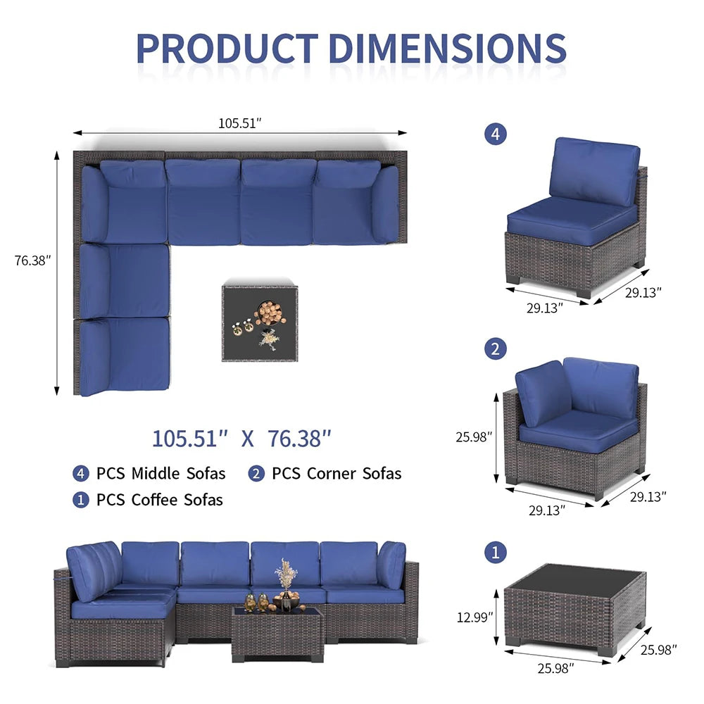HiMISS 7 Piece PE Rattan Patio Set With Cushions And Glass Coffee Table