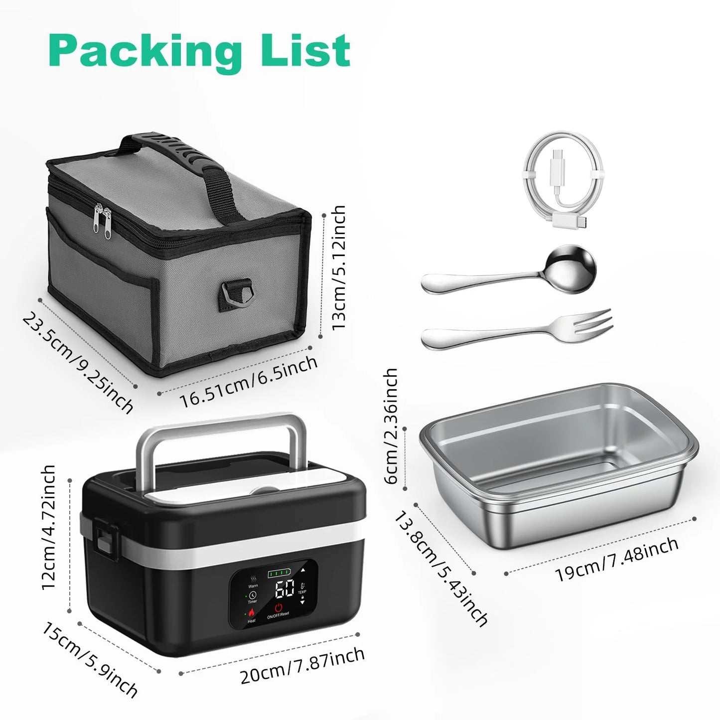 Wireless Electric Insulated Lunch Box Stainless Steel 8000mAh Battery 60W