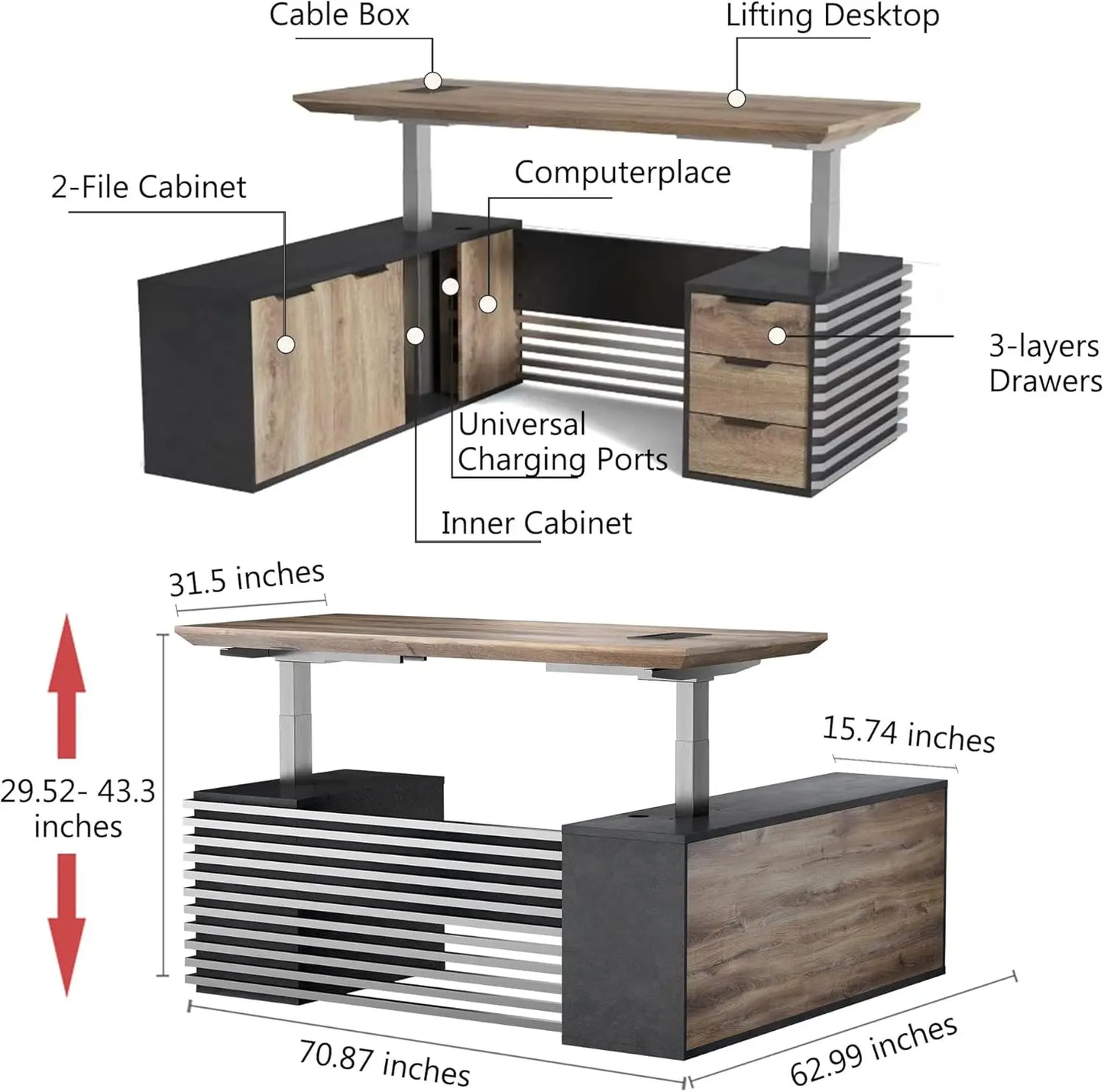 Adjustable Height L Shaped Executive Standing Desk With Drawers USB Ports