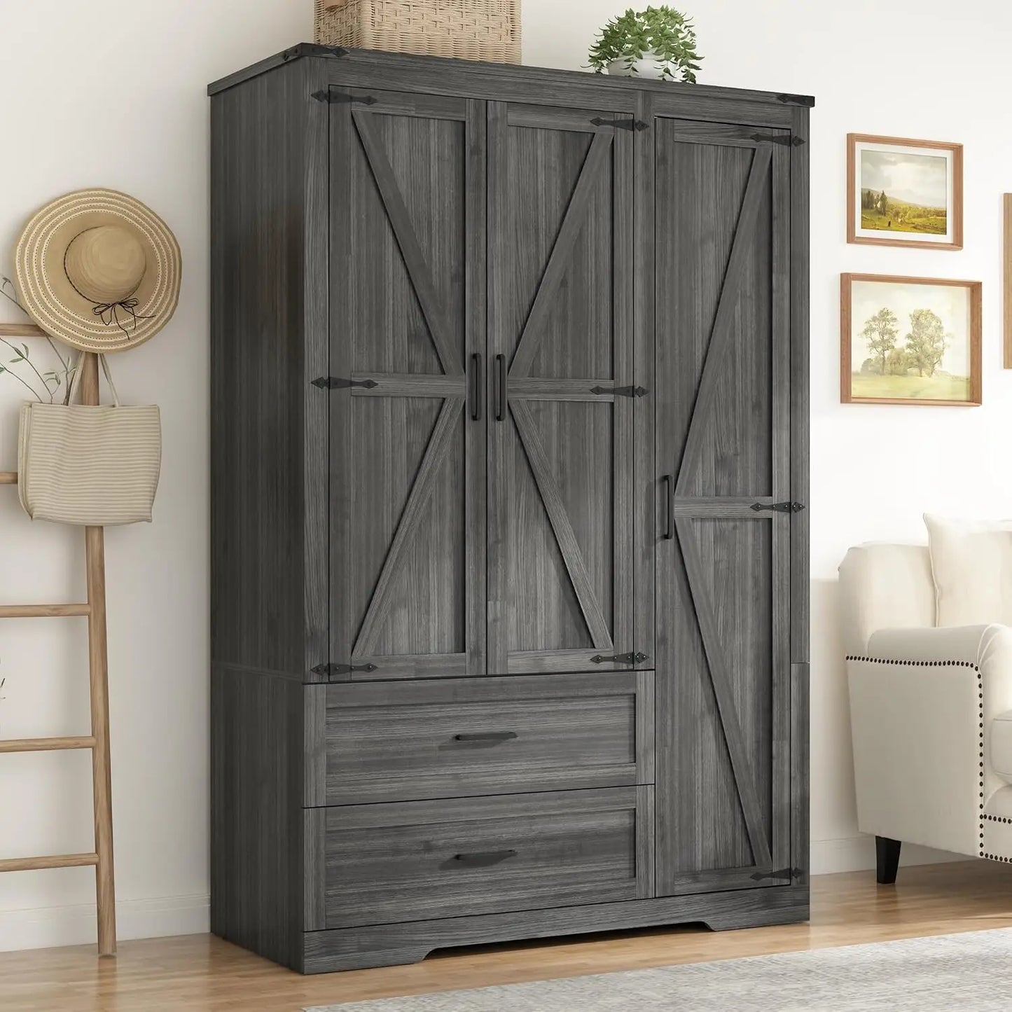 HUANZHUANG Farmhouse Wooden Wardrobe Armoire With 3 Doors 2 Drawers