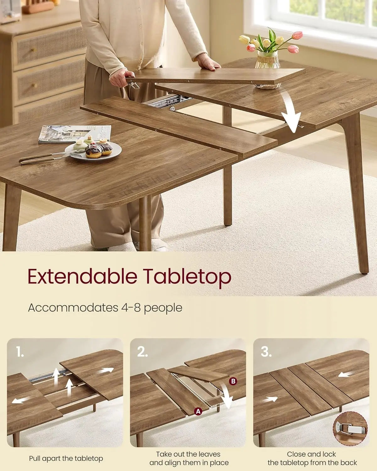 Extendable Dining Table With Tapered Curved Legs, Modern Style