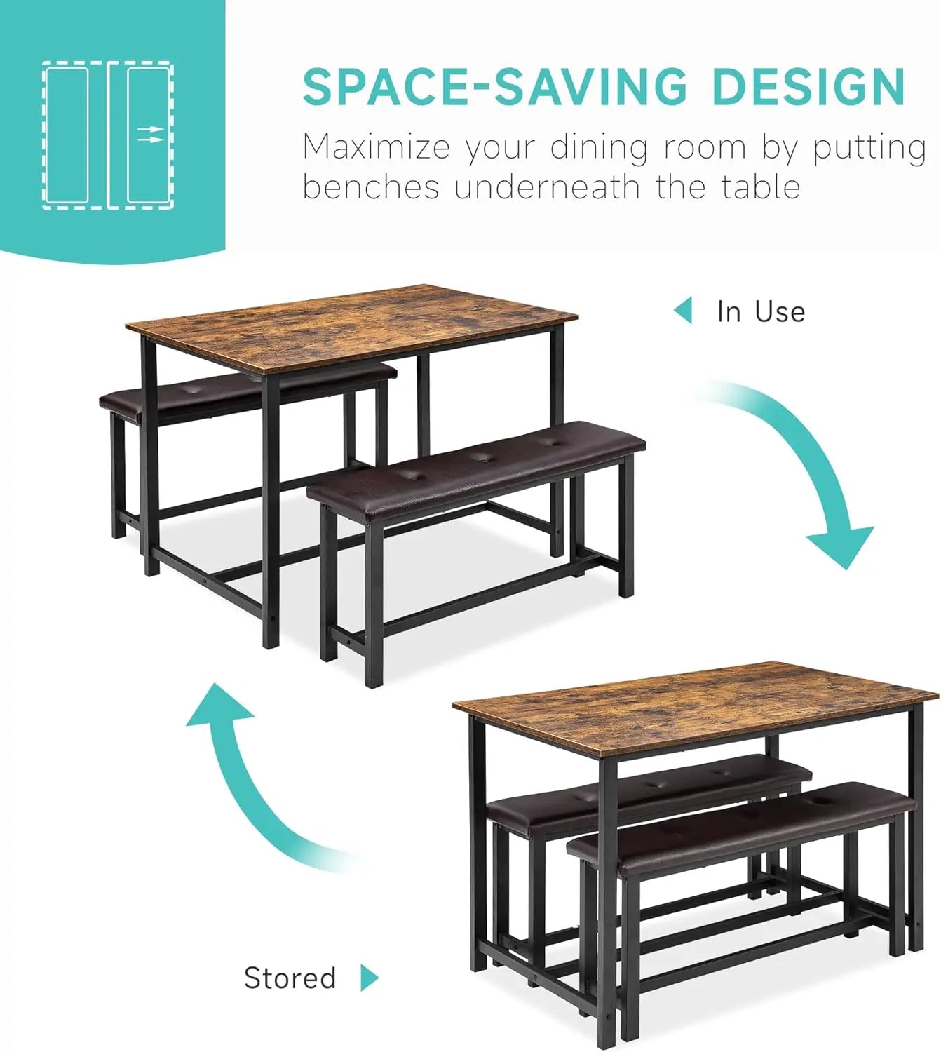 Dining Table Set for Four With Upholstered Benches Three Piece