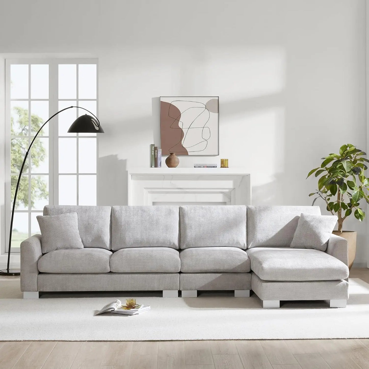 Modern L Shaped Chenille Sectional Sofa Set With Free Pillows
