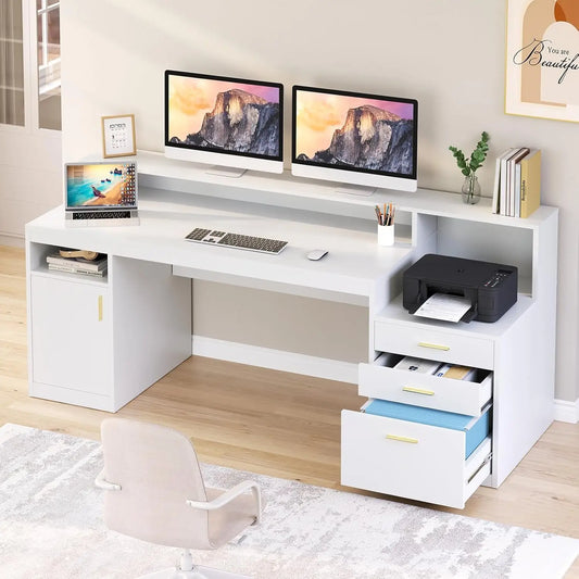 Computer Desk With 3 Drawers And Storage Shelves Home Office