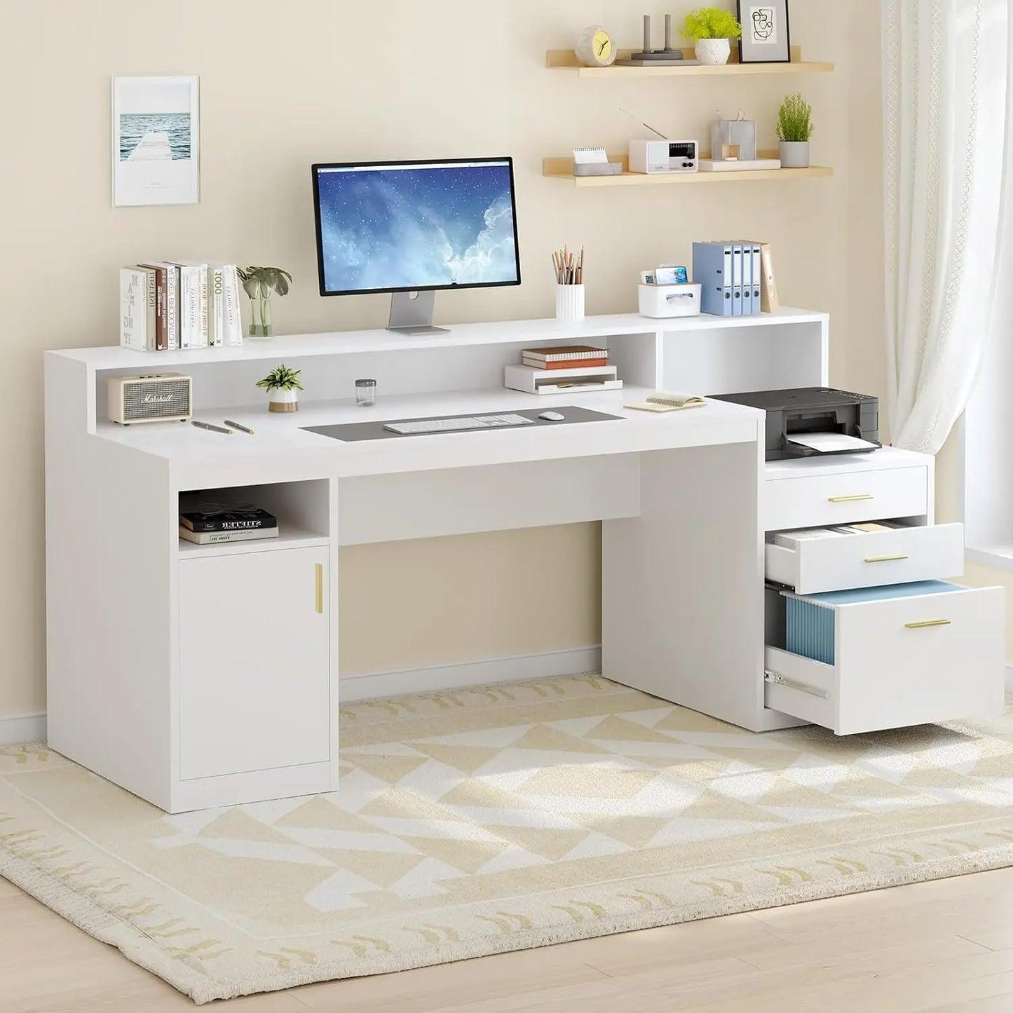 Computer Desk With 3 Drawers And Storage Shelves Home Office