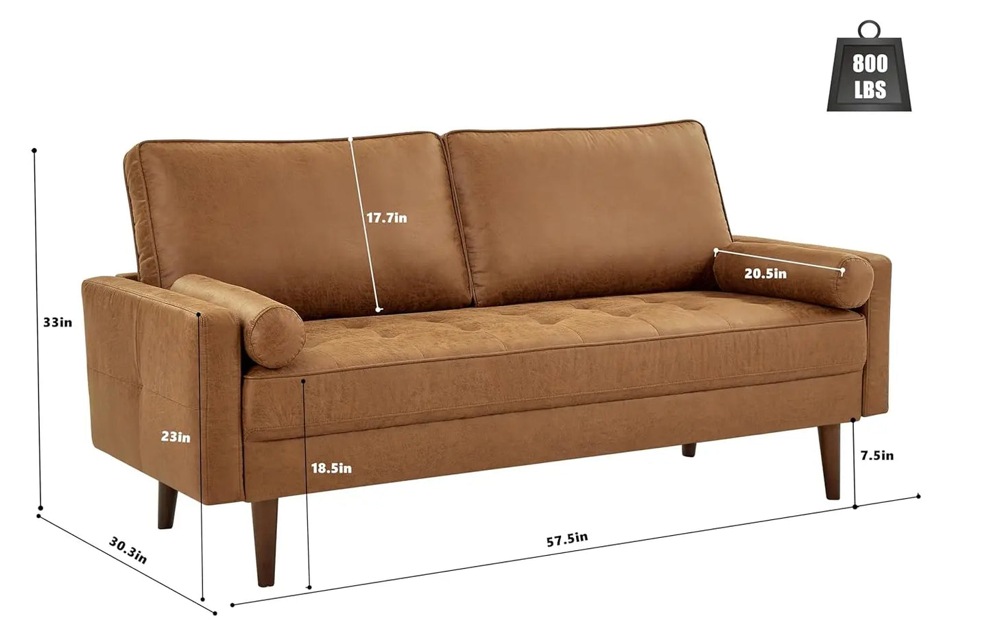 Mid Century Modern Faux Leather Loveseat Sofa With Sewn Detail