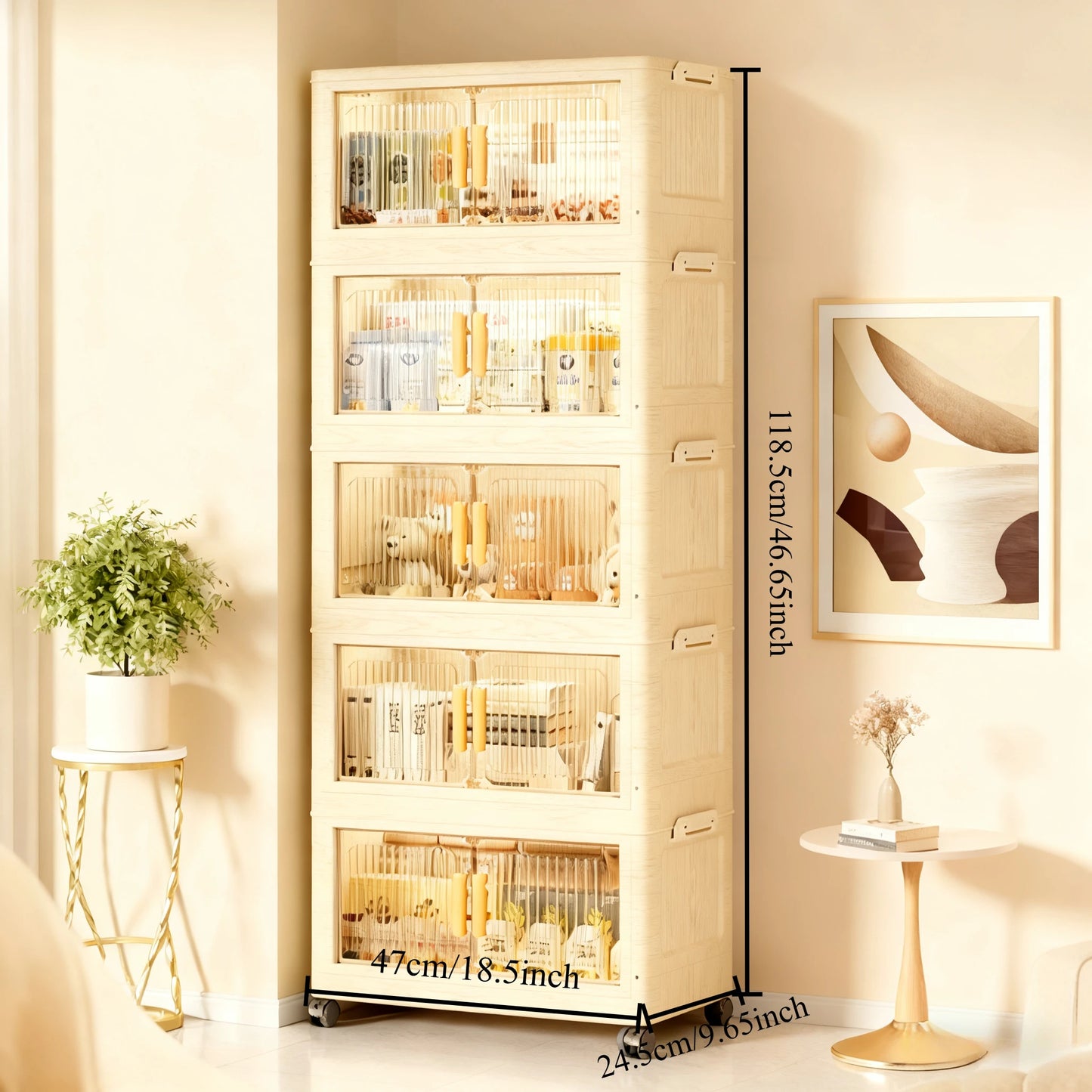Three To Five Tier Foldable Cabinet With Lidded Storage On Wheels Stackable