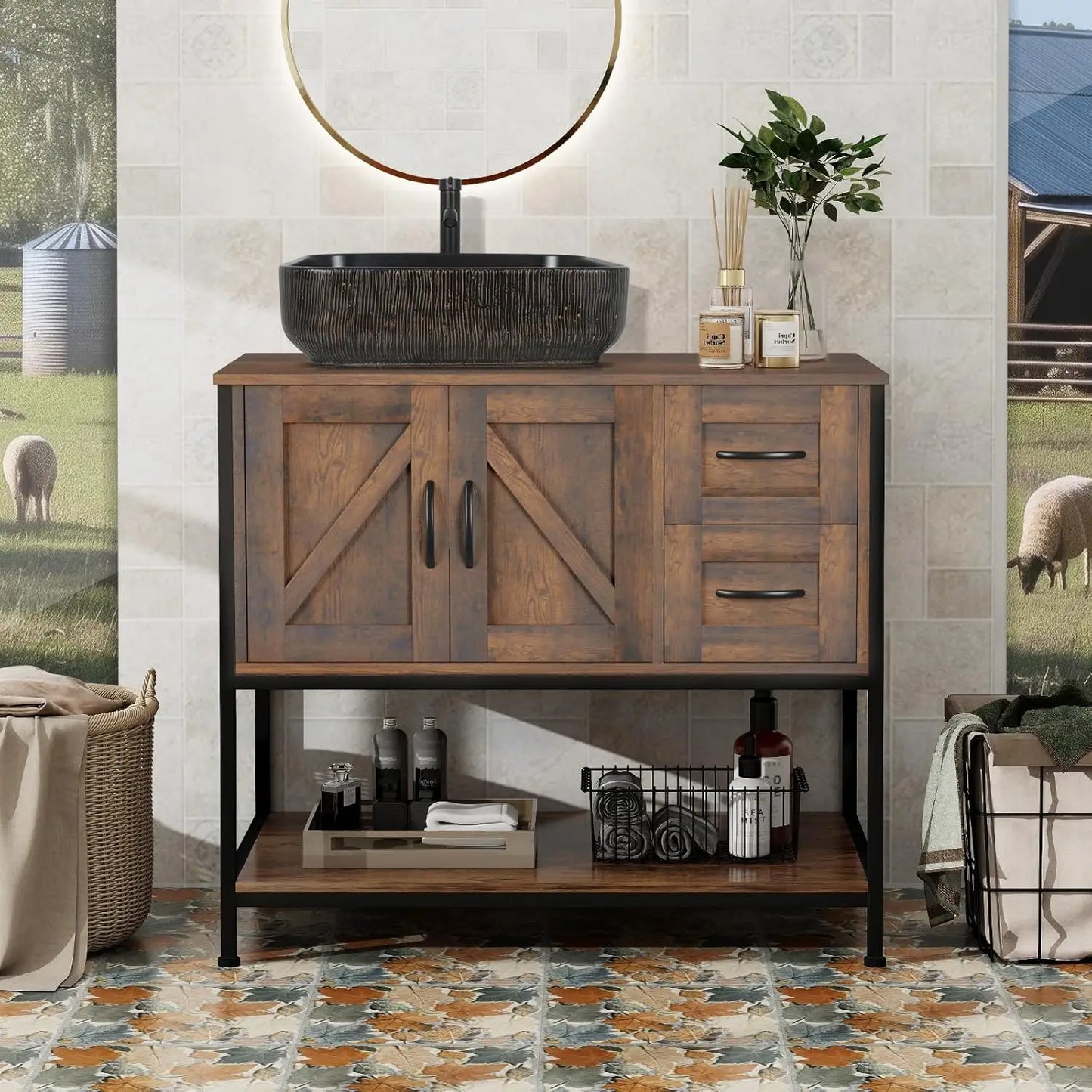 Rustic Farmhouse Bathroom Vanity With Ceramic Vessel Sink