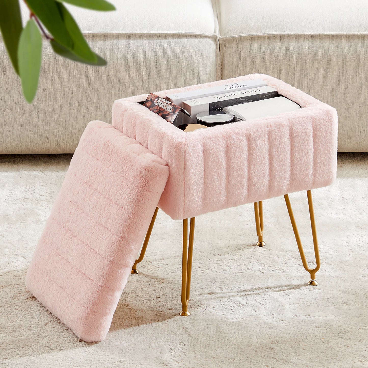 JHK Faux Fur Hidden Storage Ottoman Stool With Metal Legs