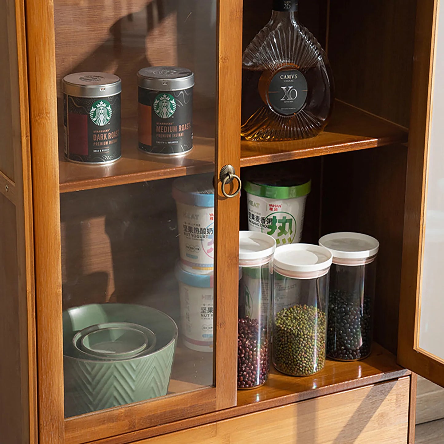 Bymaocar Vintage Style 2 Tier Bamboo Kitchen Storage Cabinet