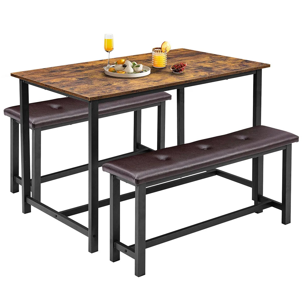 Dining Table Set for Four With Upholstered Benches Three Piece