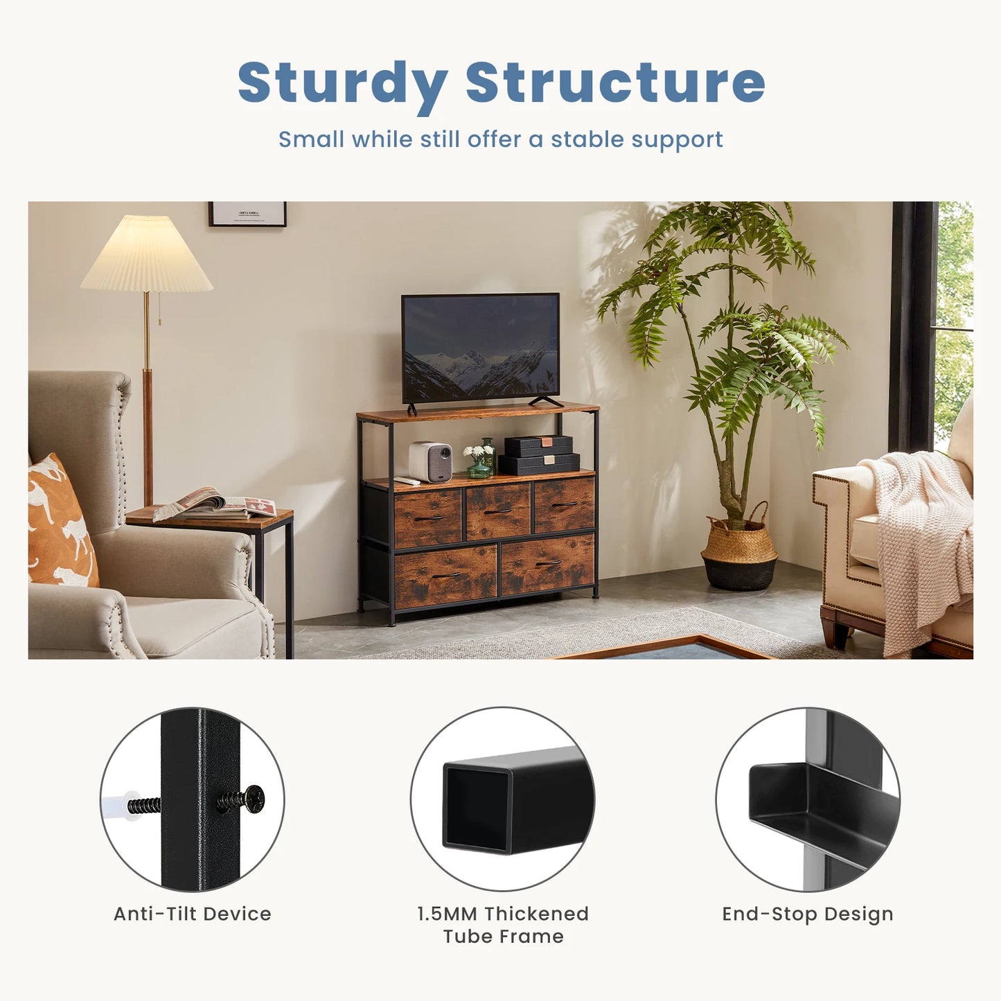 JHK Fireplace TV Stand With 5 Fabric Drawers Storage Cabinet