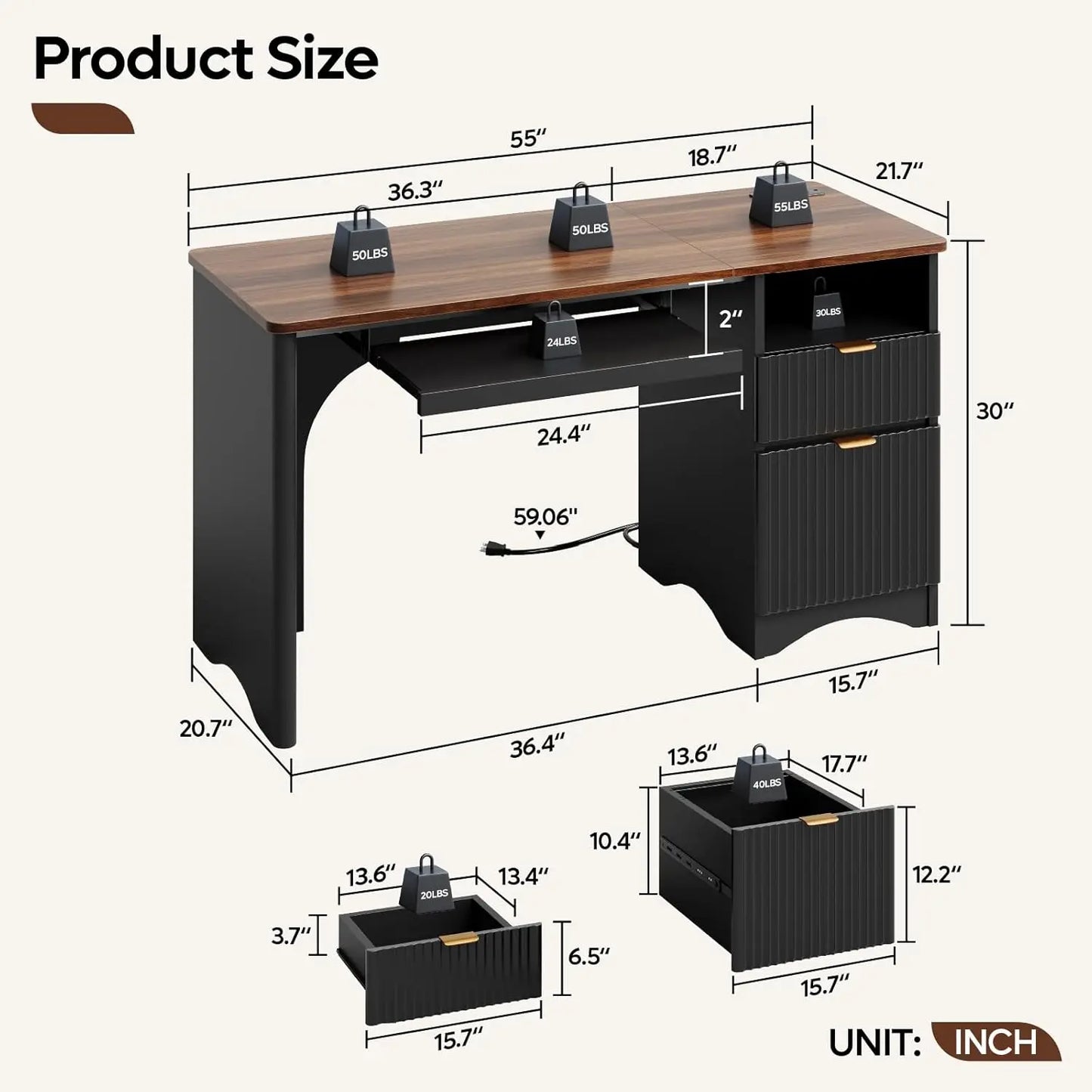 Computer Desk With Keyboard Tray And Power Outlet File Drawer