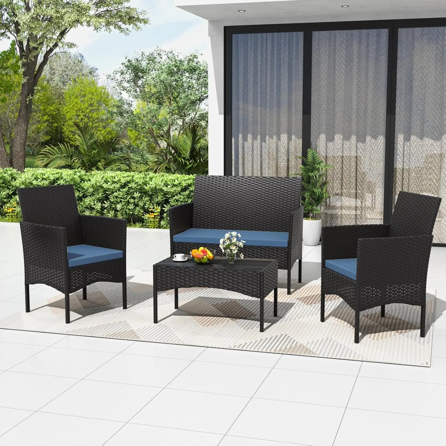 XIAOLANG Outdoor Rattan Conversation Set With Tempered Glass Table