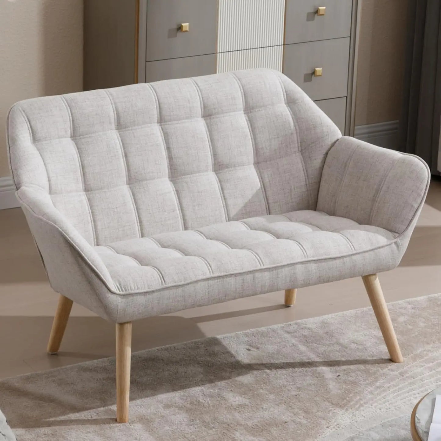 Modern Linen Loveseat Sofa With Quilted Back And Wood Legs