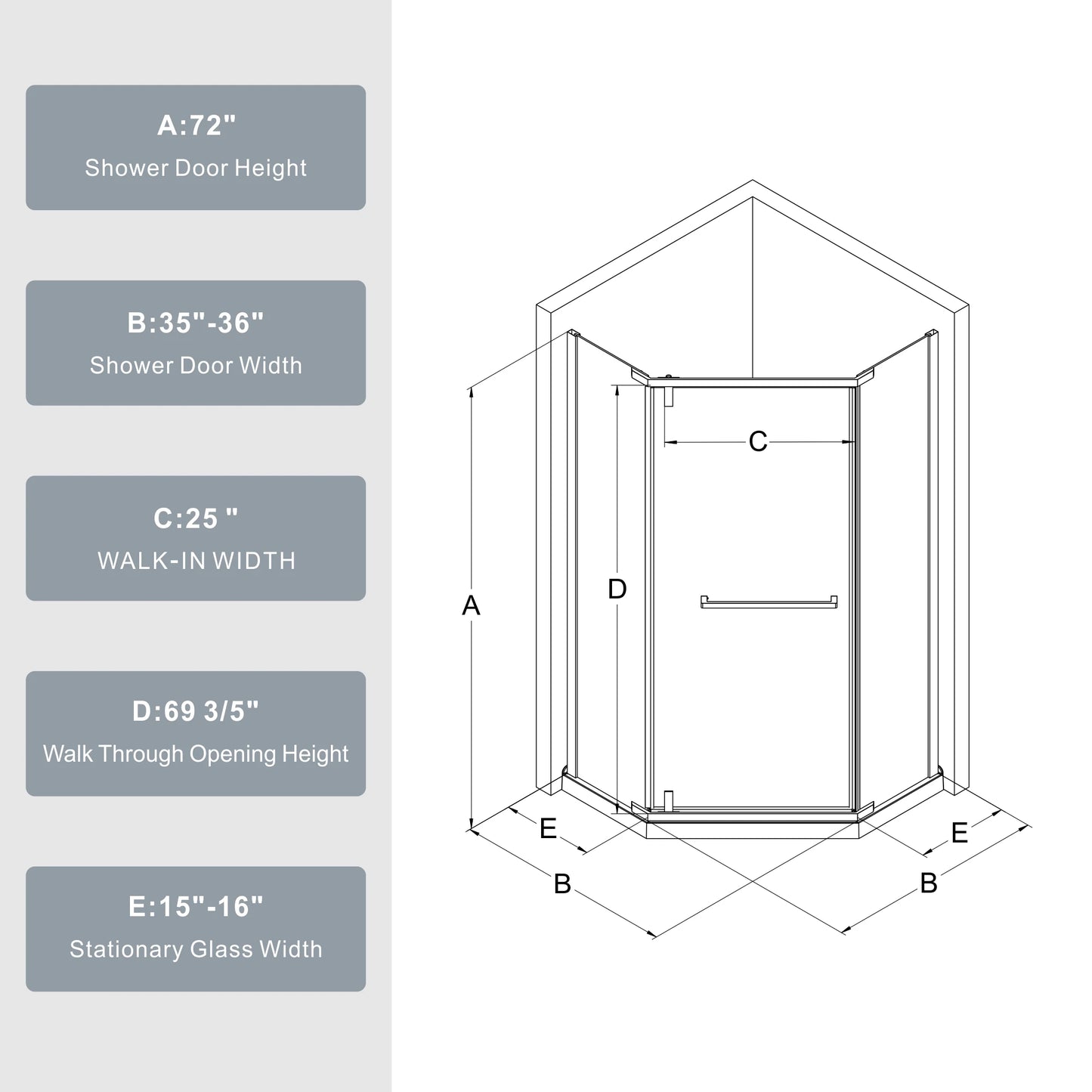 Frameless Shower Door Neo Angle Corner Enclosure Quarter Inch Clear Glass Pivot