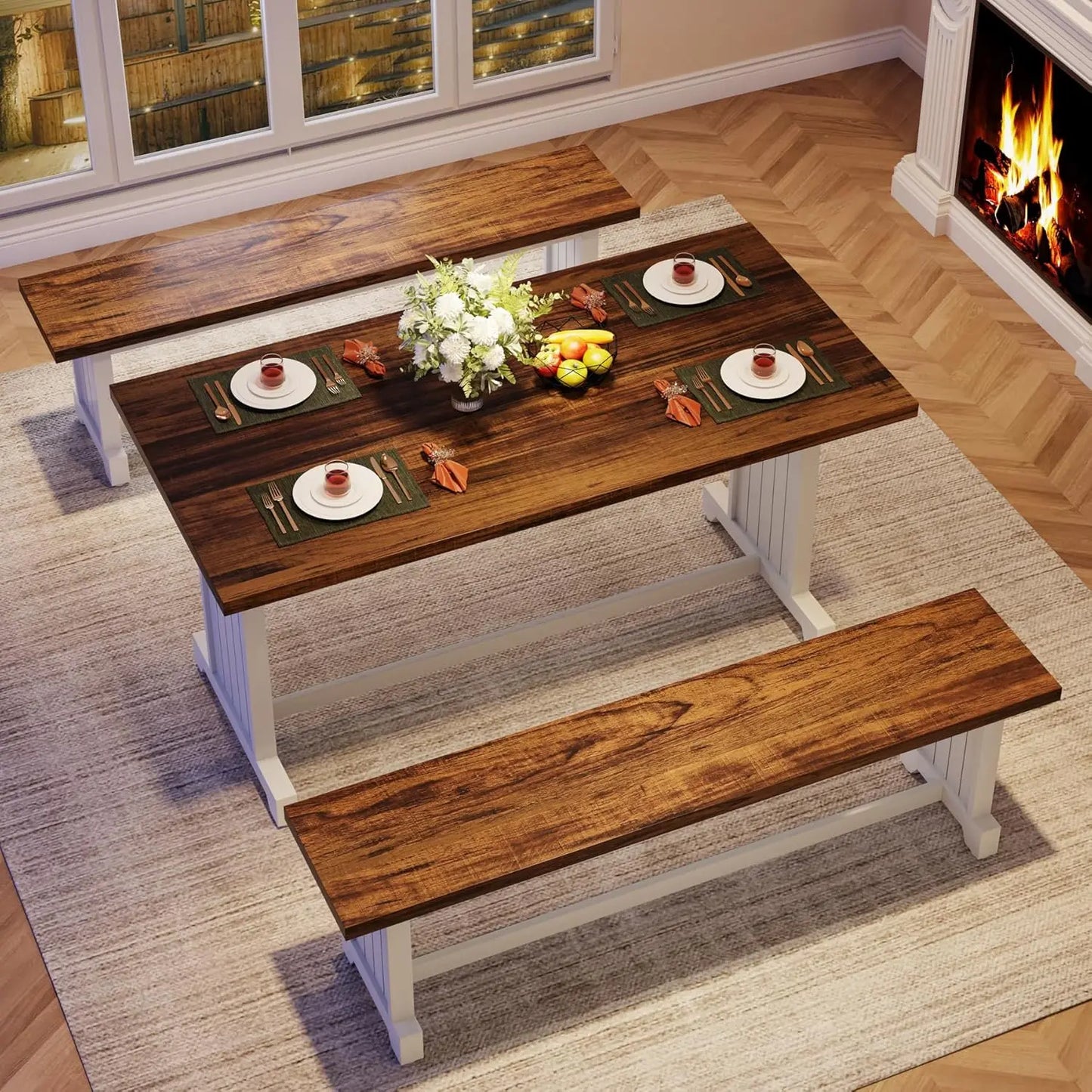 Modern Farmhouse Dining Table Set For 4 With 2 Benches