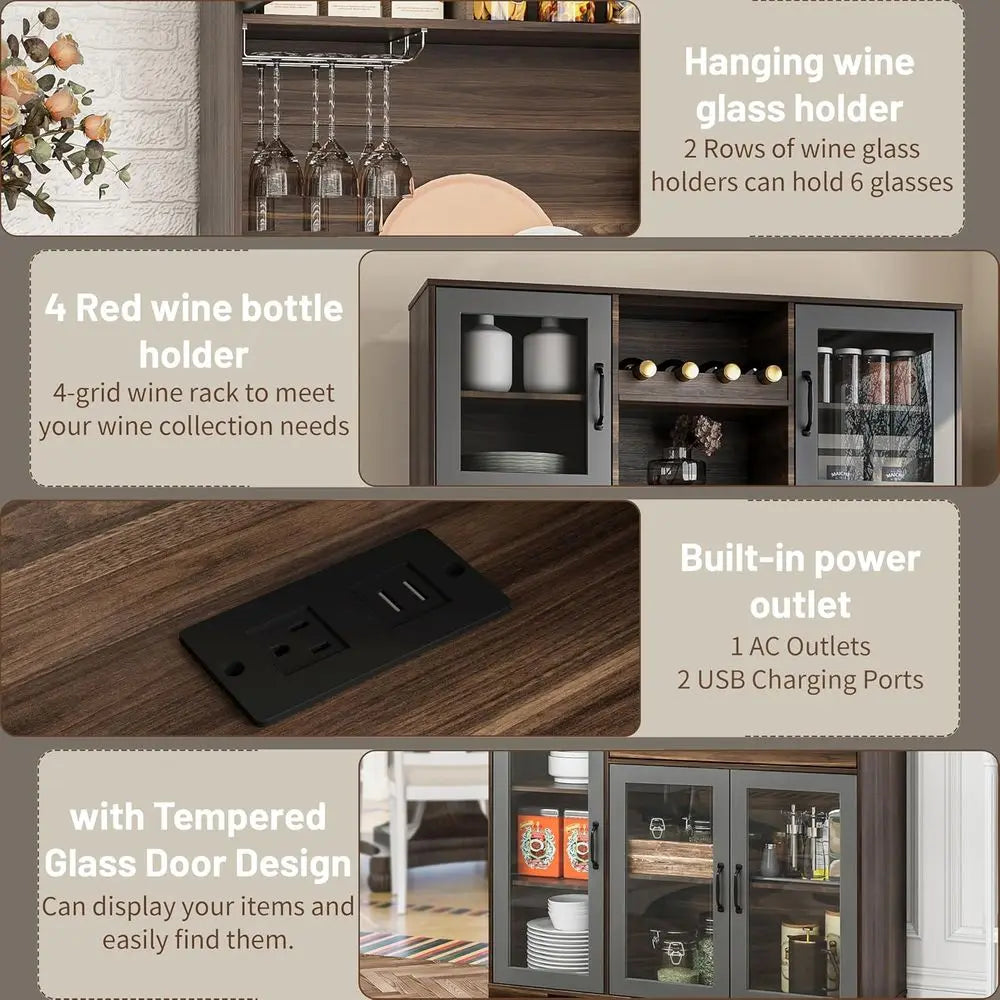 LZJV Kitchen Pantry Cabinet Coffee Bar Wine Rack LED Lights