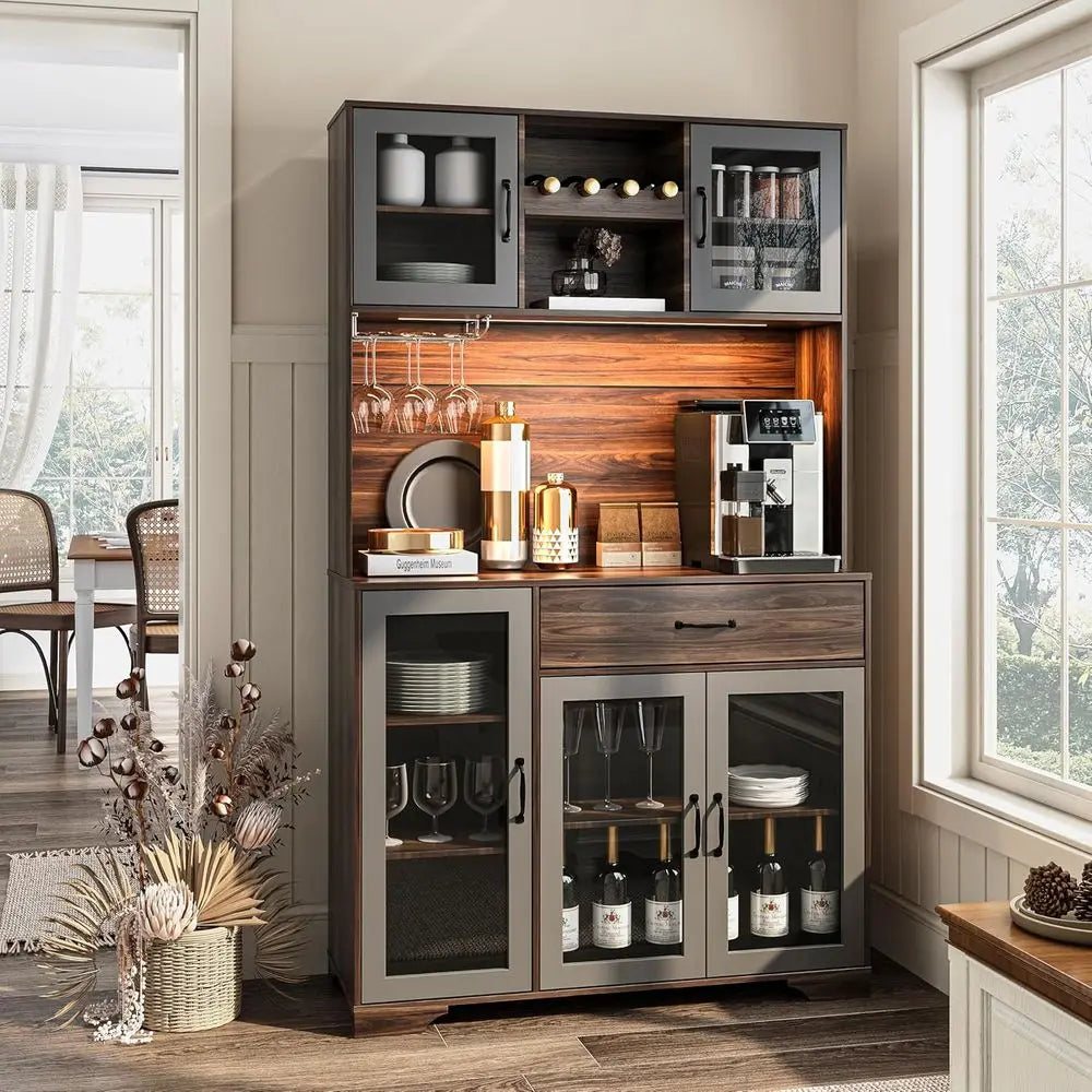 LZJV Kitchen Pantry Cabinet Coffee Bar Wine Rack LED Lights