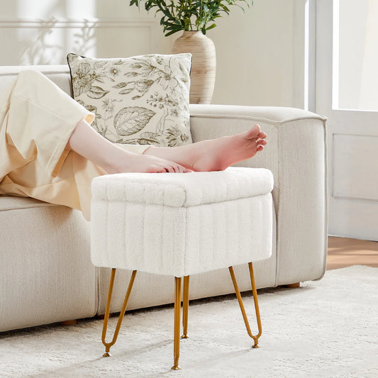 JHK Faux Fur Hidden Storage Ottoman Stool With Metal Legs