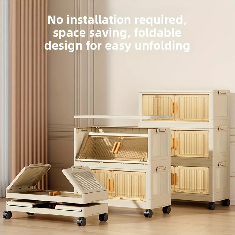 Three To Five Tier Foldable Cabinet With Lidded Storage On Wheels Stackable