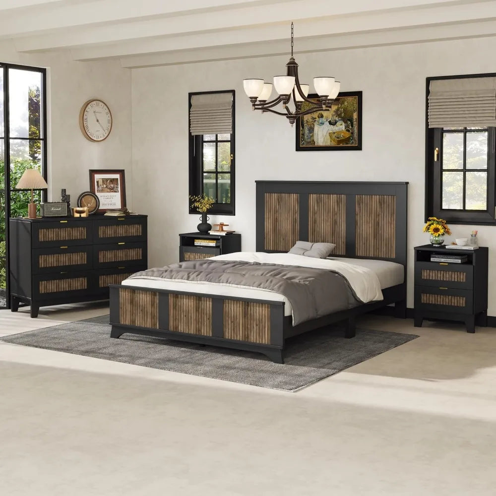 MKDK 4 Piece Queen Bedroom Set Platform Bed With Dresser And Nightstands Engineered Wood And Metal Construction