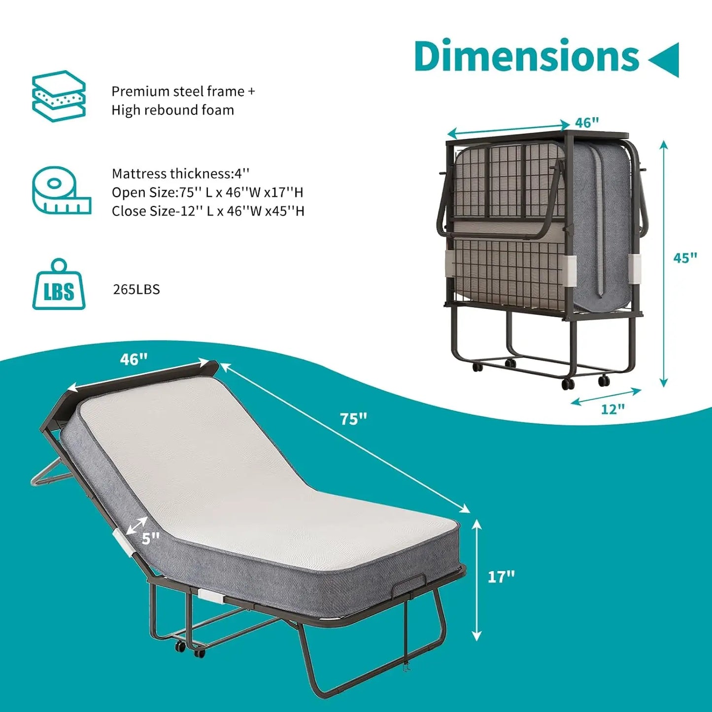 Foldable Adult Rollaway Bed With Mattress And Headboard