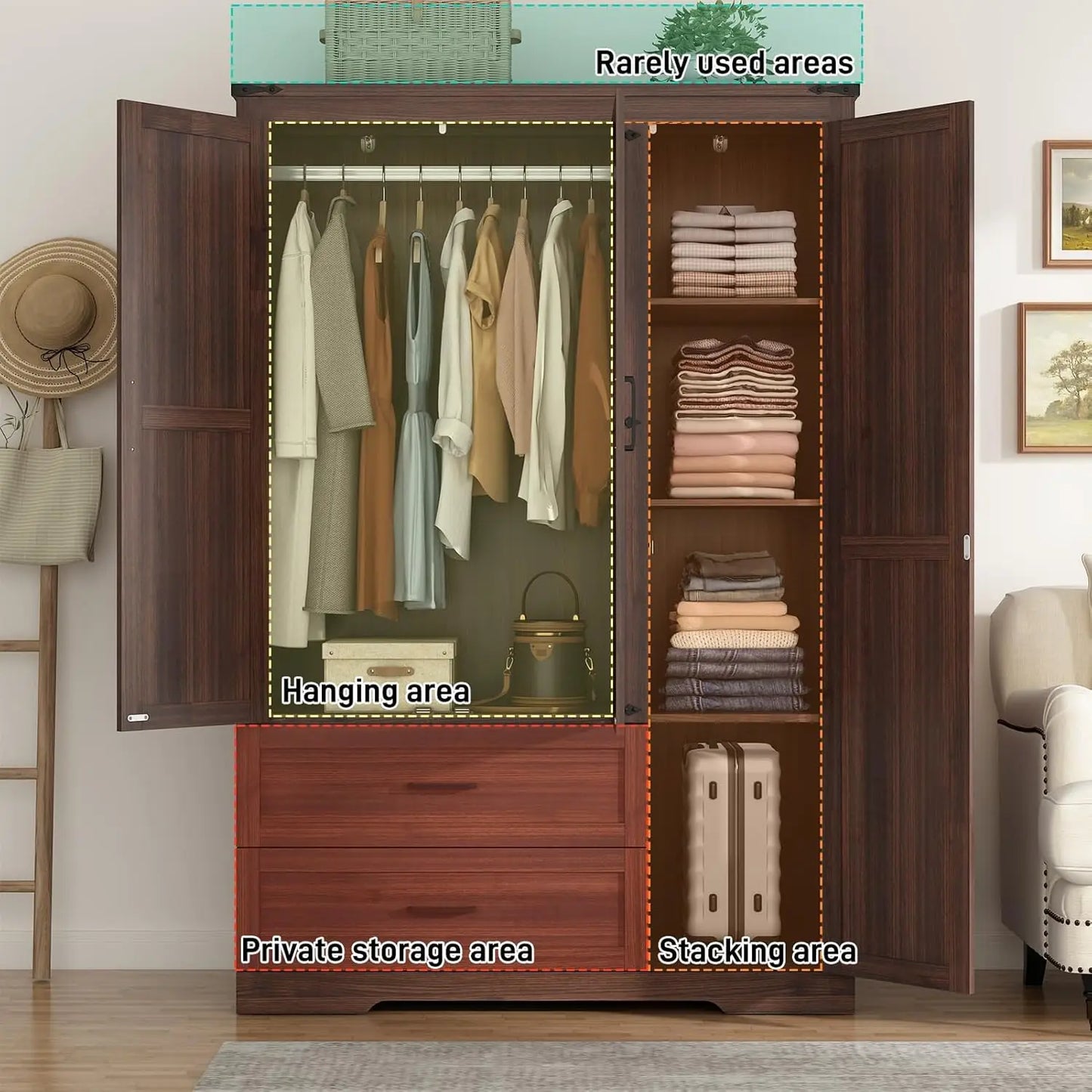 HUANZHUANG Farmhouse Wooden Wardrobe Armoire With 3 Doors 2 Drawers