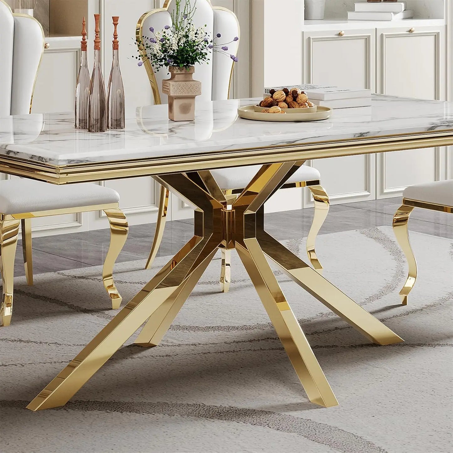 Marble Dining Table With Stainless Steel X Base For GourmetDiningRoomShowcaseExcellence