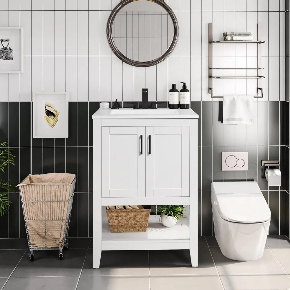 24 Inch Solid Wood Bathroom Vanity With Ceramic Sink Storage