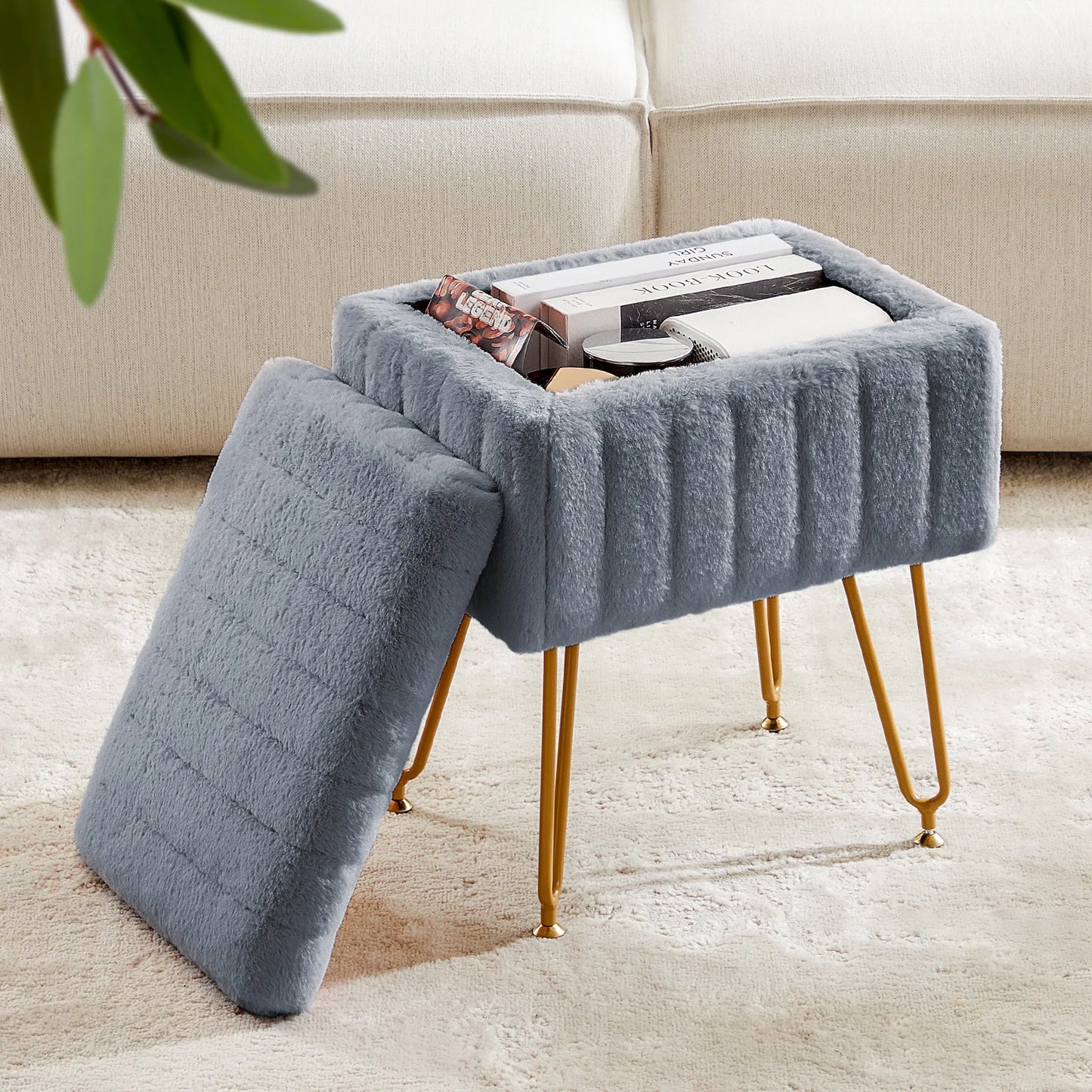 JHK Faux Fur Hidden Storage Ottoman Stool With Metal Legs