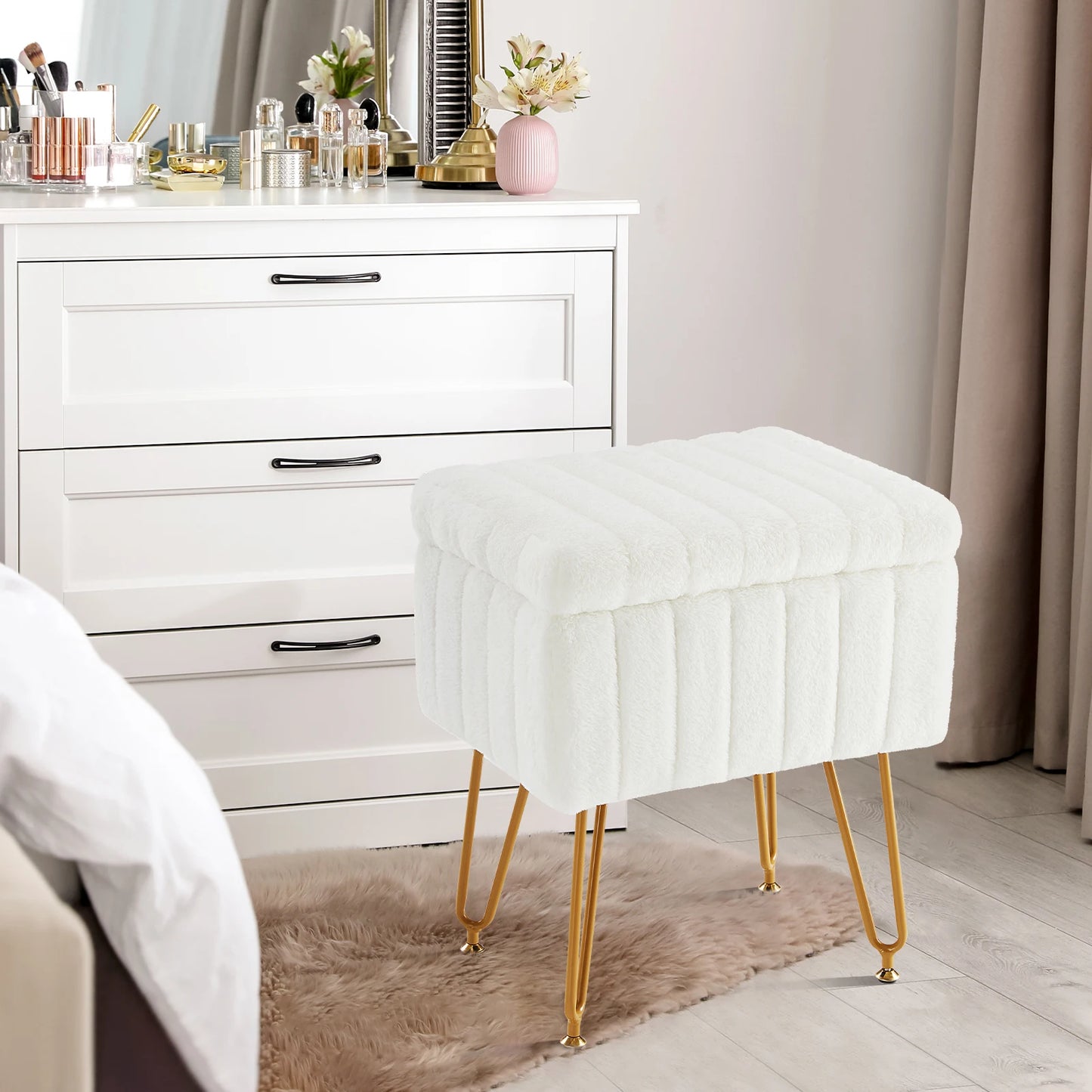JHK Faux Fur Hidden Storage Ottoman Stool With Metal Legs