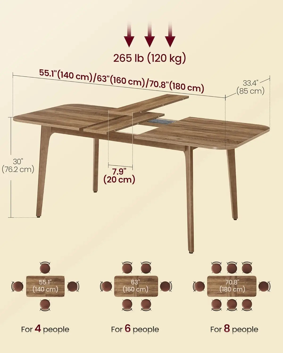 Extendable Dining Table With Tapered Curved Legs, Modern Style
