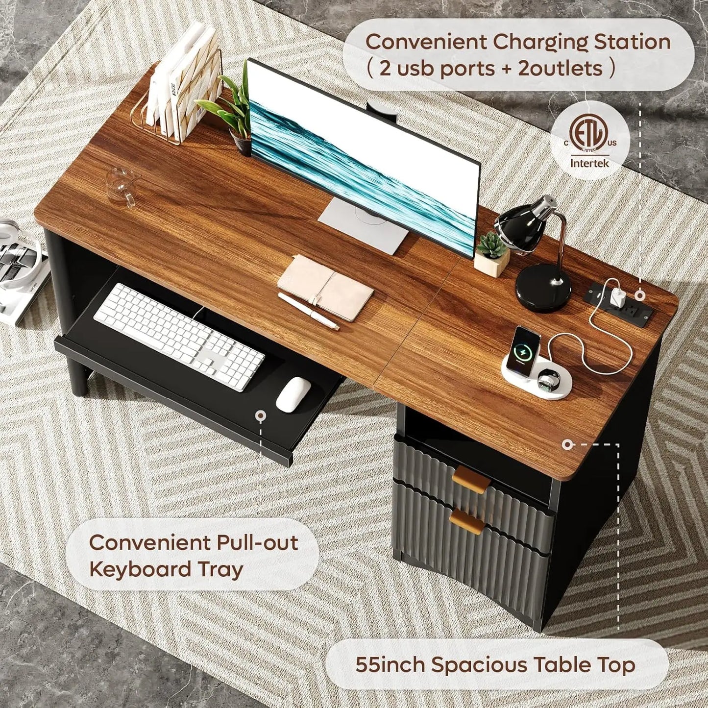 Computer Desk With Keyboard Tray And Power Outlet File Drawer