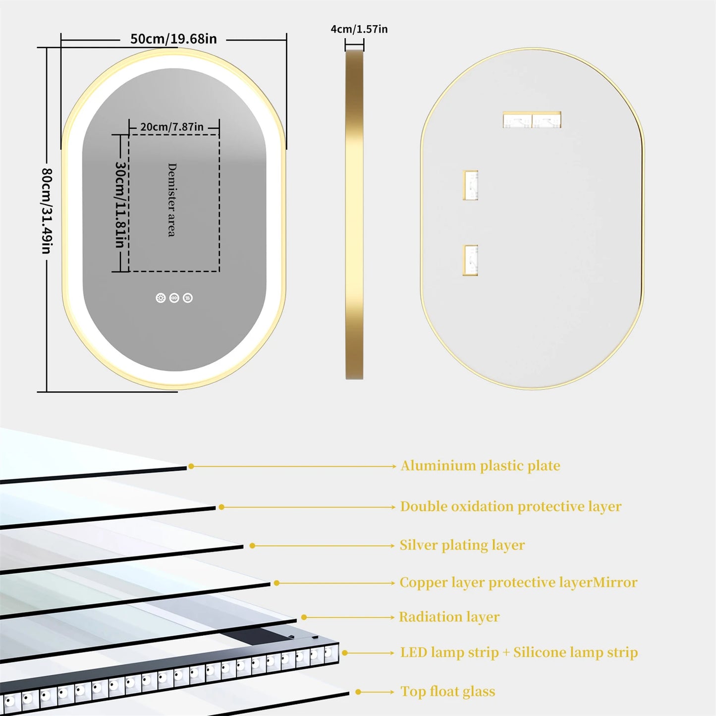 Oval LED Lighted Anti Fog Smart Vanity Mirror With Dimmable Illumination
