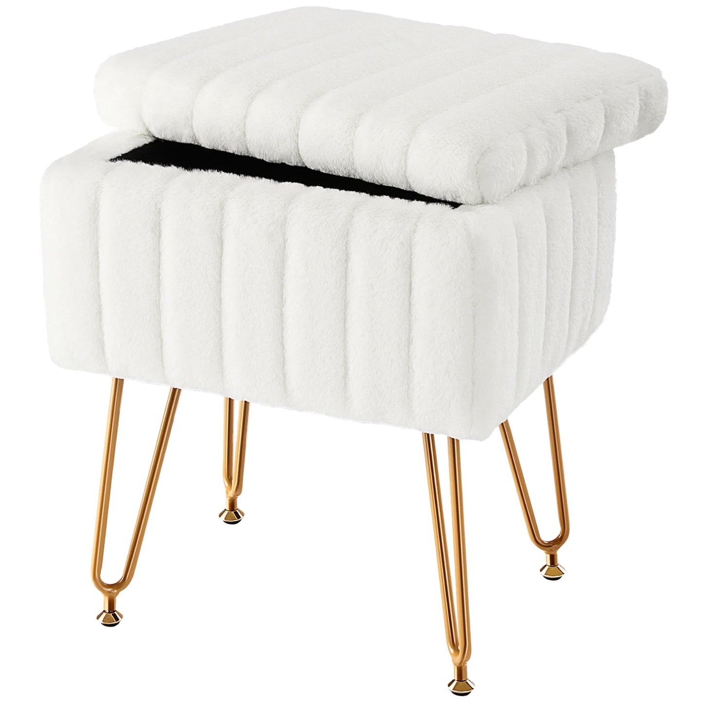 JHK Faux Fur Hidden Storage Ottoman Stool With Metal Legs