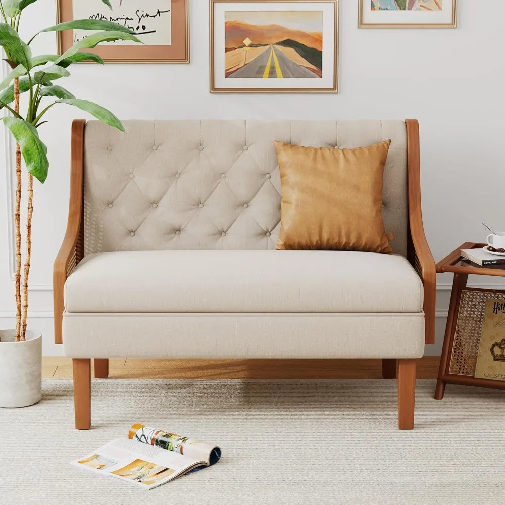 Loveseat Settee Bench With Natural Rattan Arms Upholstered Modern Sofa