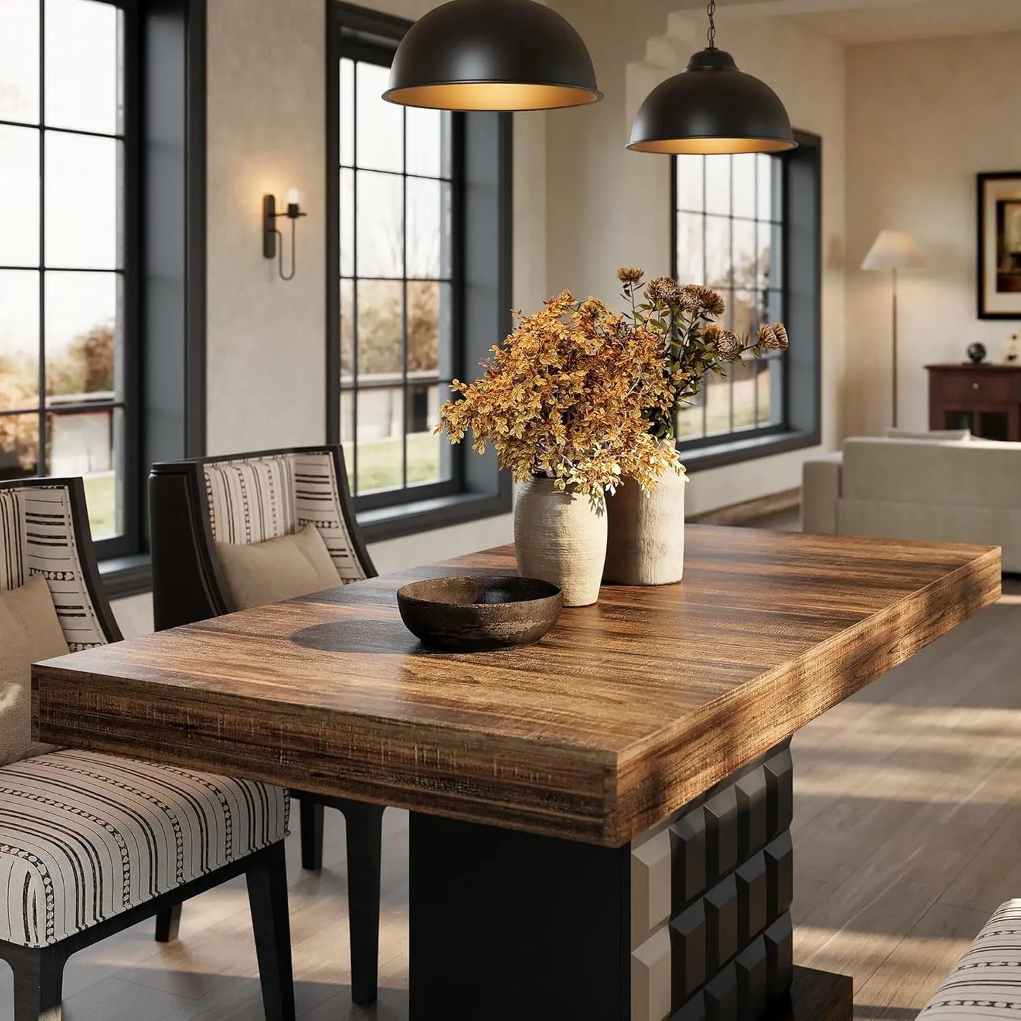 Modern Rectangular Farmhouse Dining Table With Sturdy Wood Pedestal