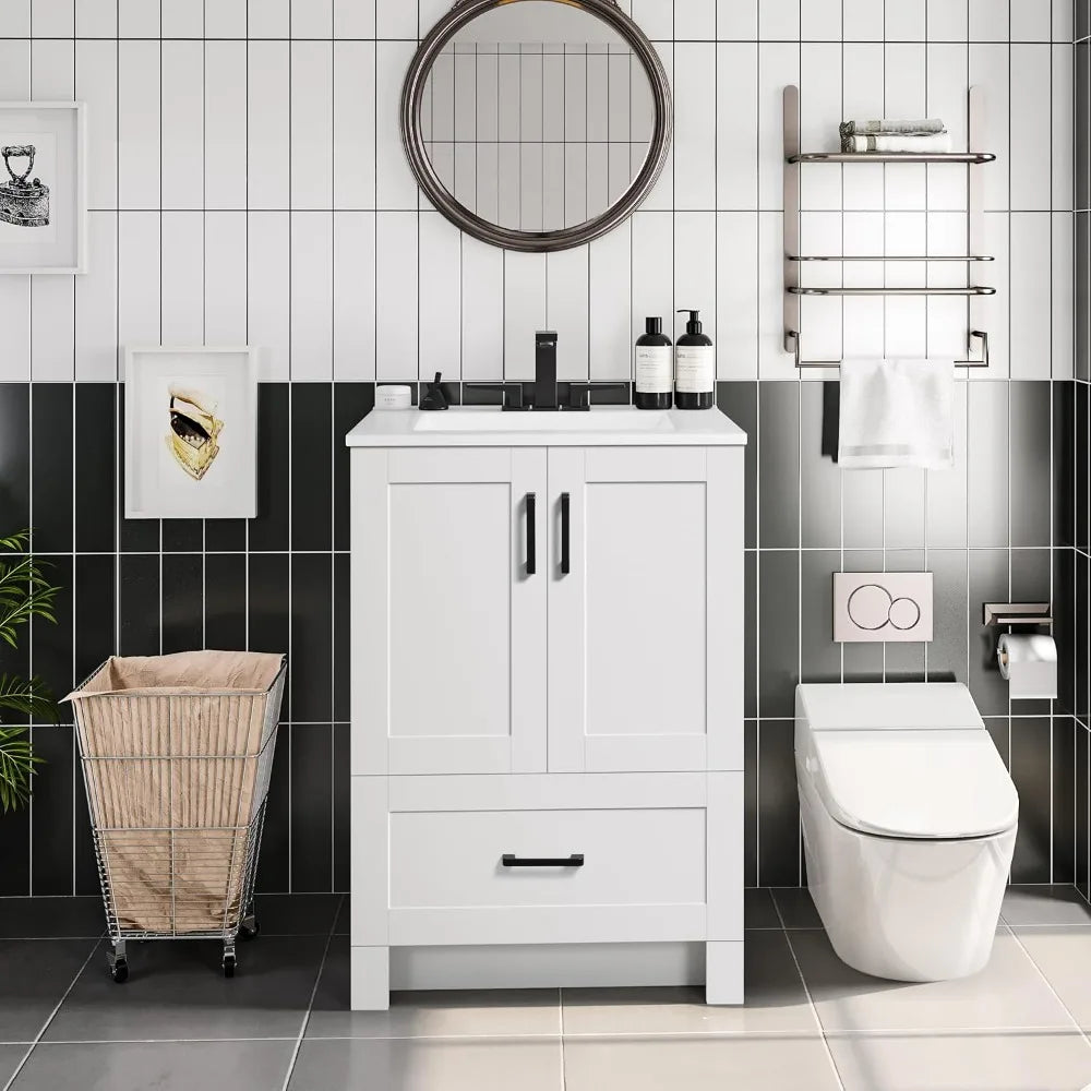 Bathroom Vanity With Ceramic Sink Cabinet Two Doors And Drawer
