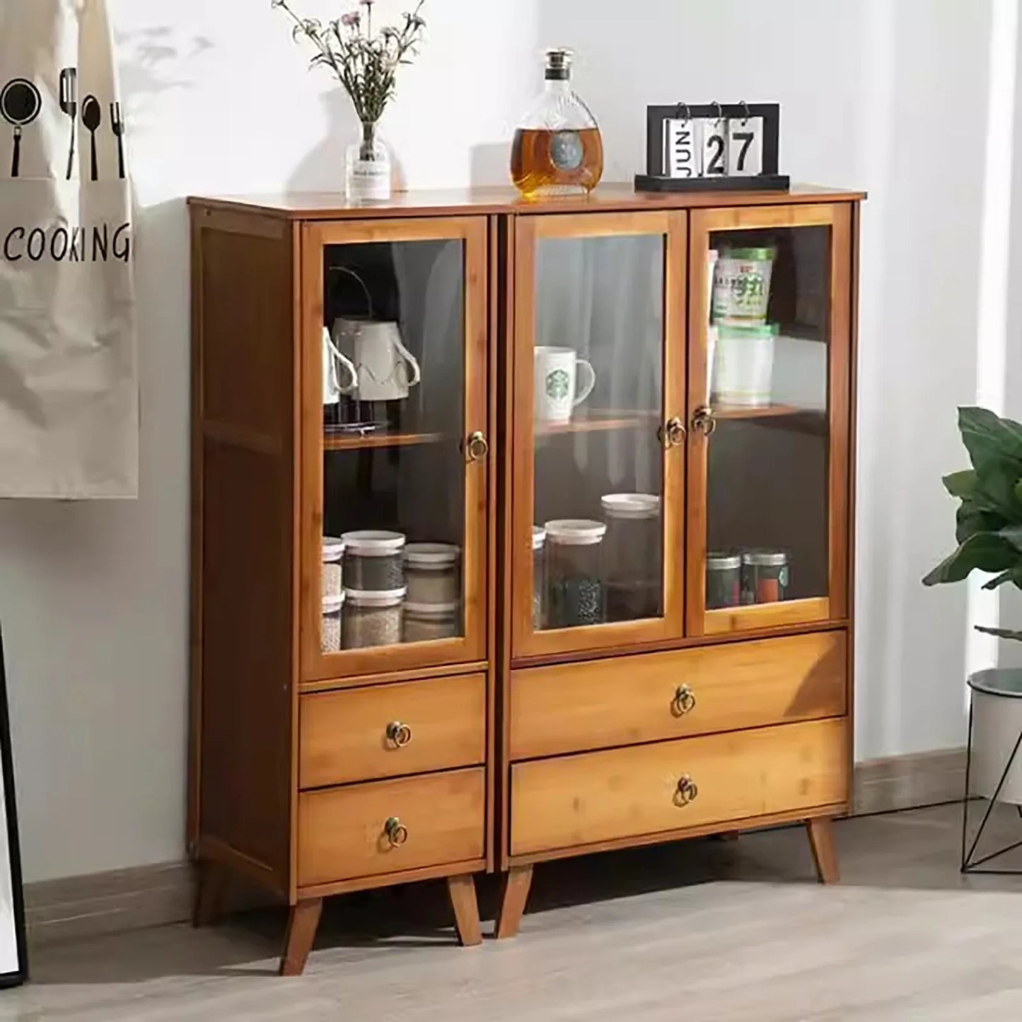 Bymaocar Vintage Style 2 Tier Bamboo Kitchen Storage Cabinet