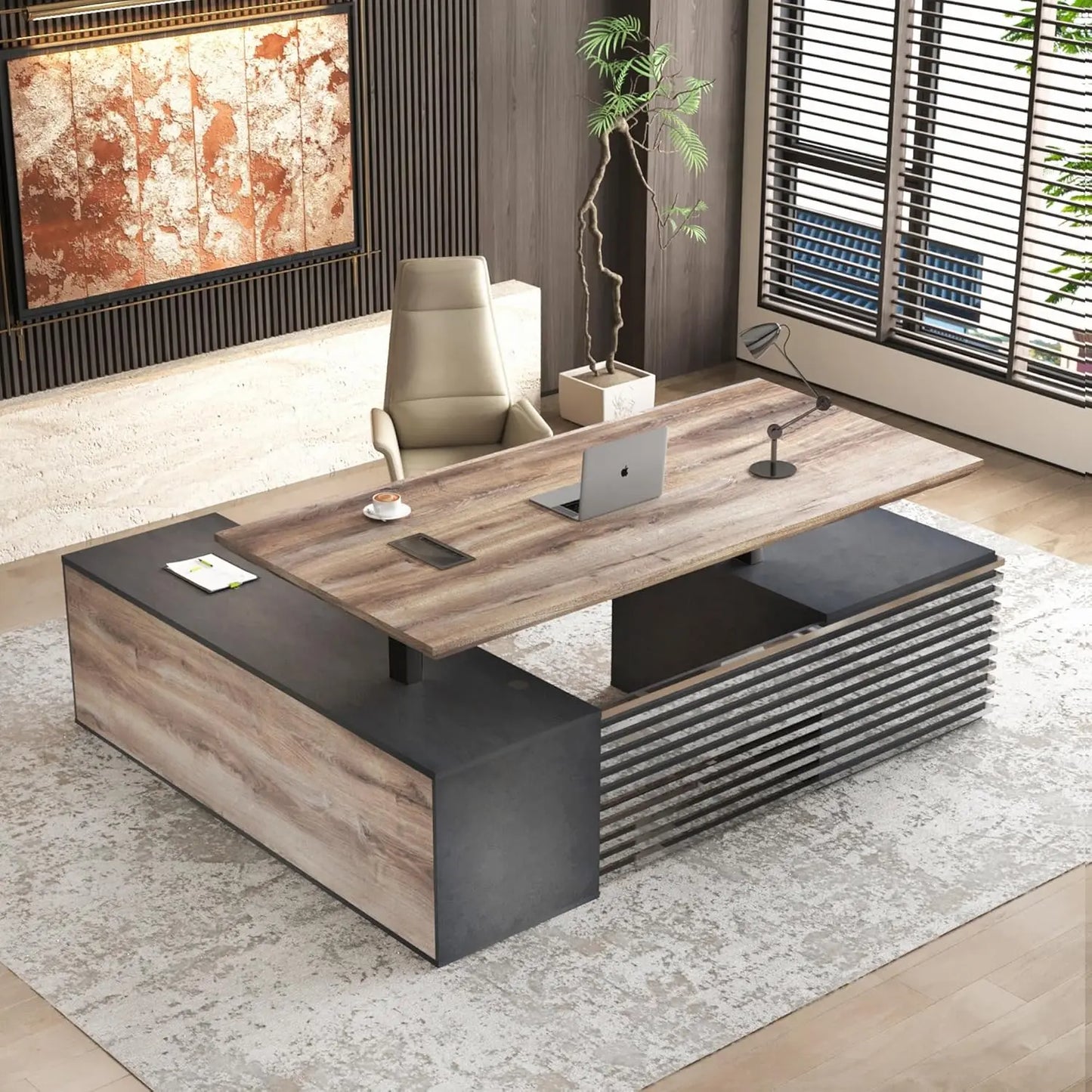 Adjustable Height L Shaped Executive Standing Desk With Drawers USB Ports