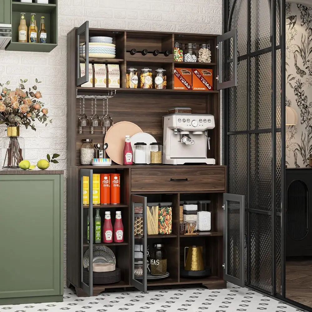 LZJV Kitchen Pantry Cabinet Coffee Bar Wine Rack LED Lights