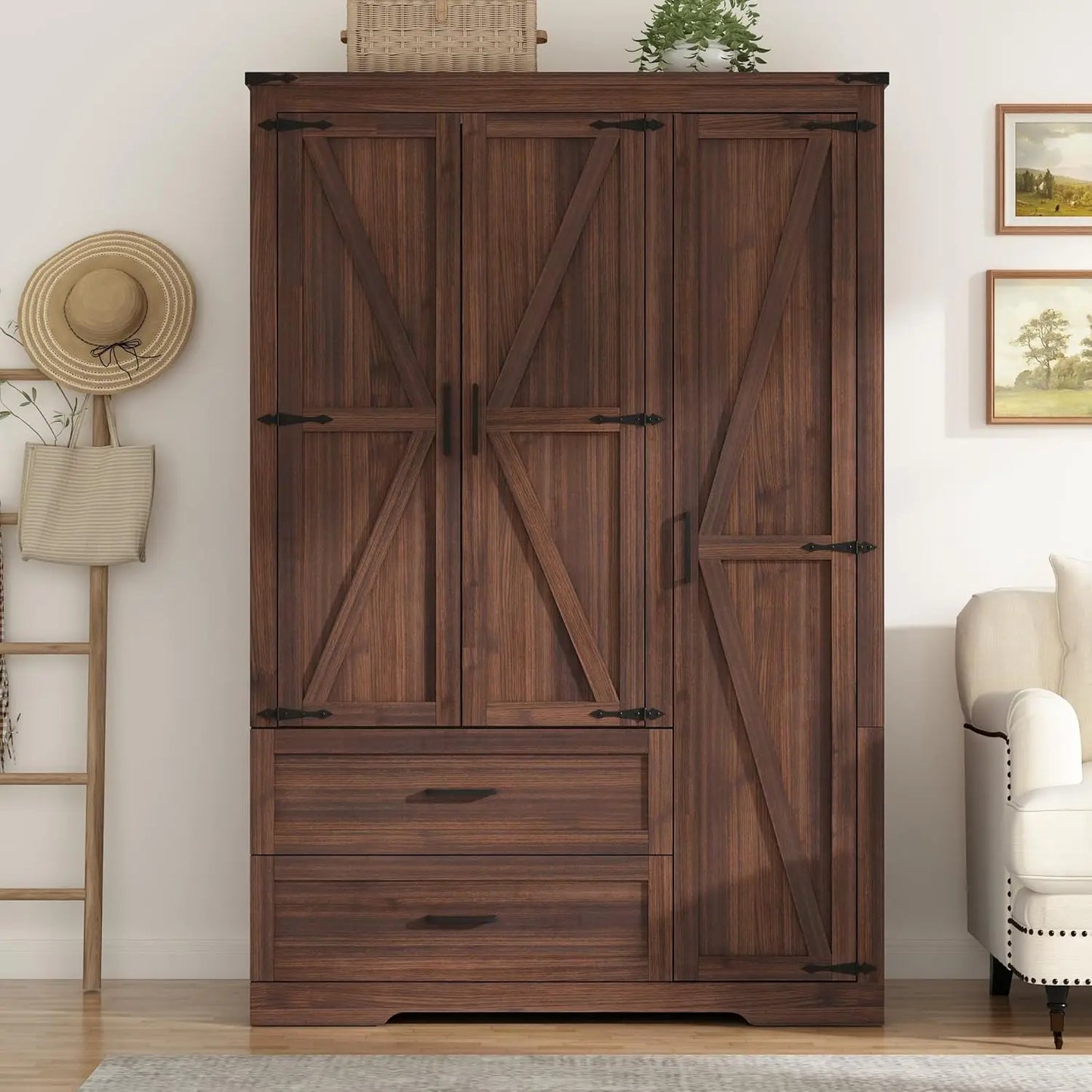 HUANZHUANG Farmhouse Wooden Wardrobe Armoire With 3 Doors 2 Drawers