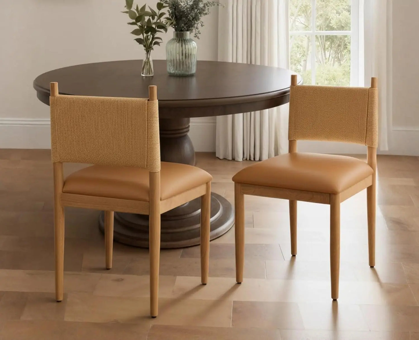Rattan Dining Chairs Set of 2 With Leather Upholstery and Woven Back