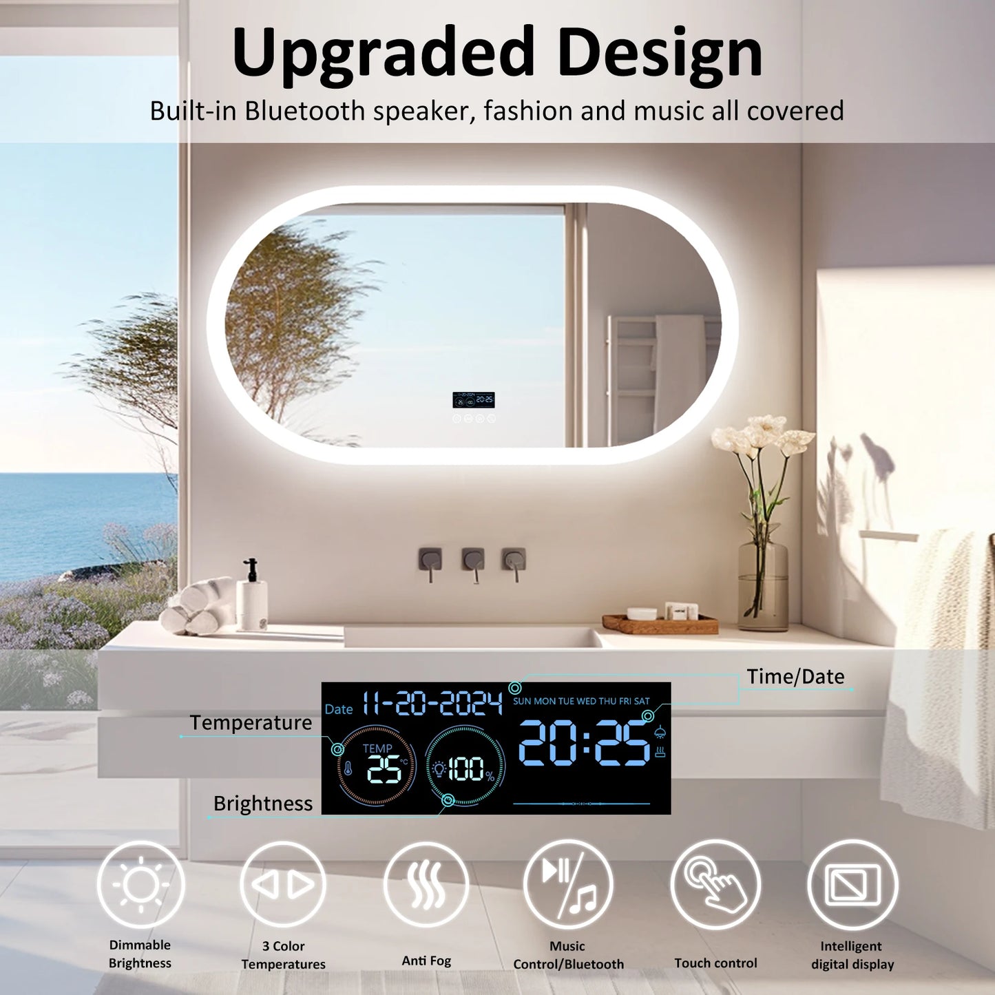 LED Oval Wall Mount Bathroom Mirror With Bluetooth Speaker
