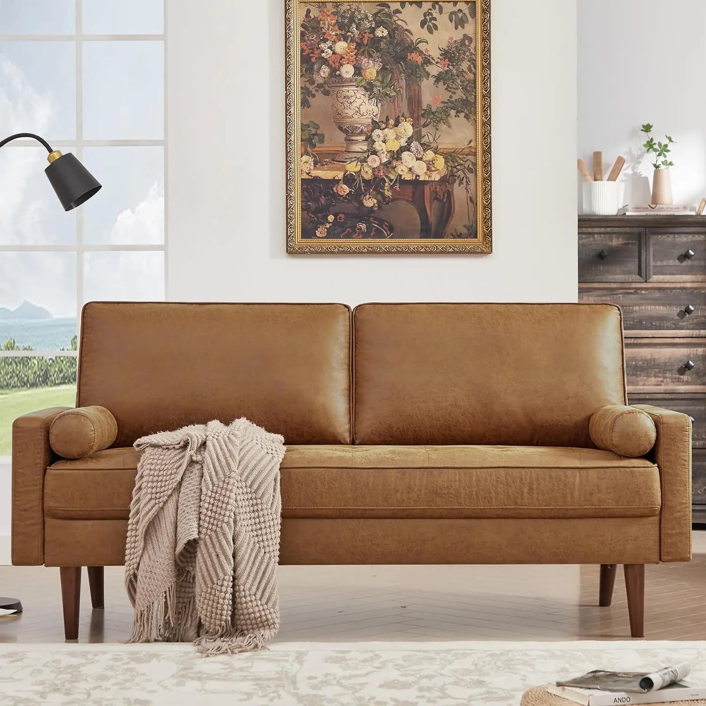 Mid Century Modern Faux Leather Loveseat Sofa With Sewn Detail